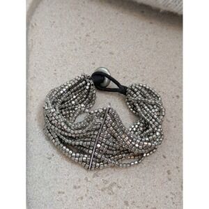 INK + Alloy Multi Strand Metallic Seed Bead Bracelet Silver Tone Mesh Toggle